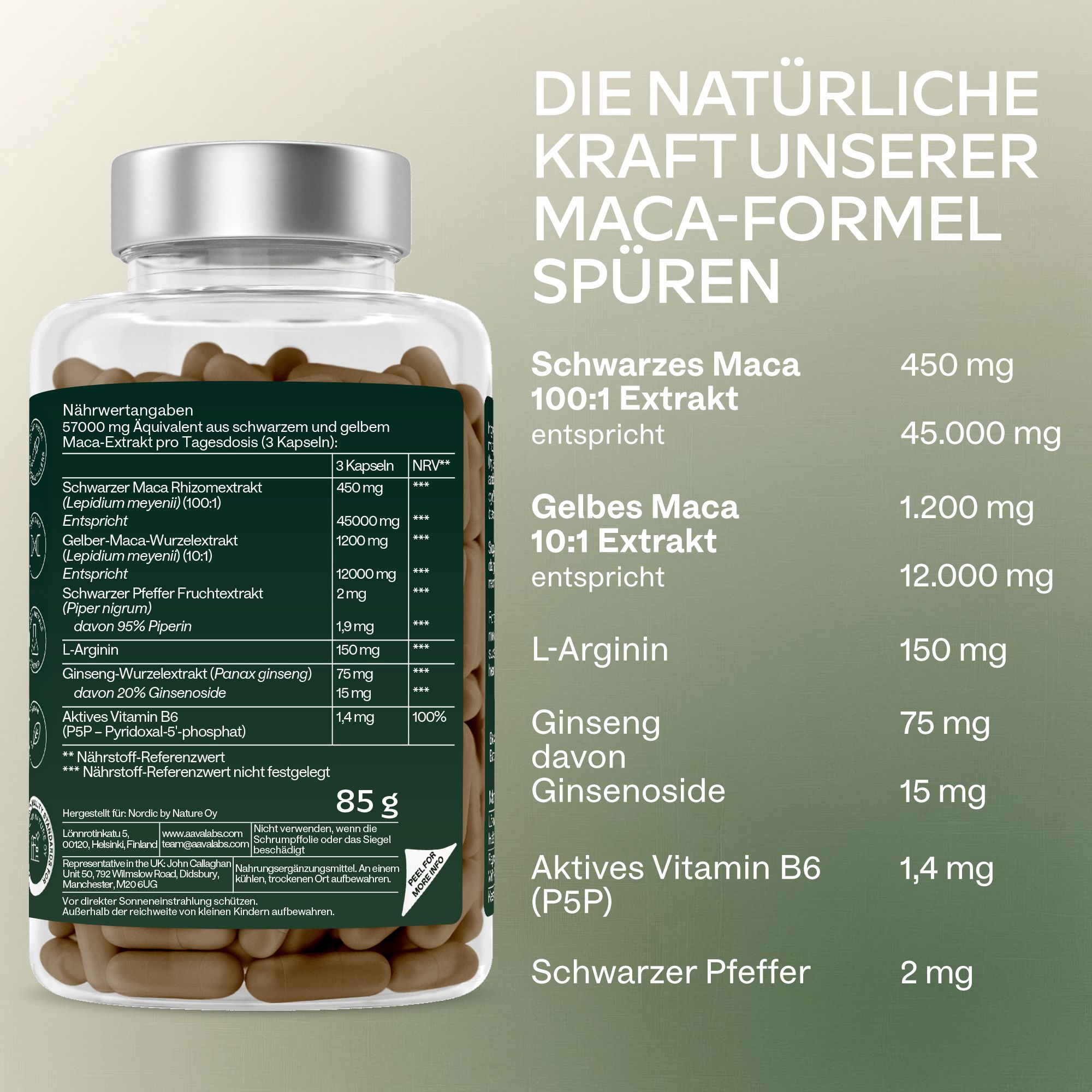 Flasche mit Maca-Kapseln, mit Text über hochkonzentrierten Extrakt und Piperin.