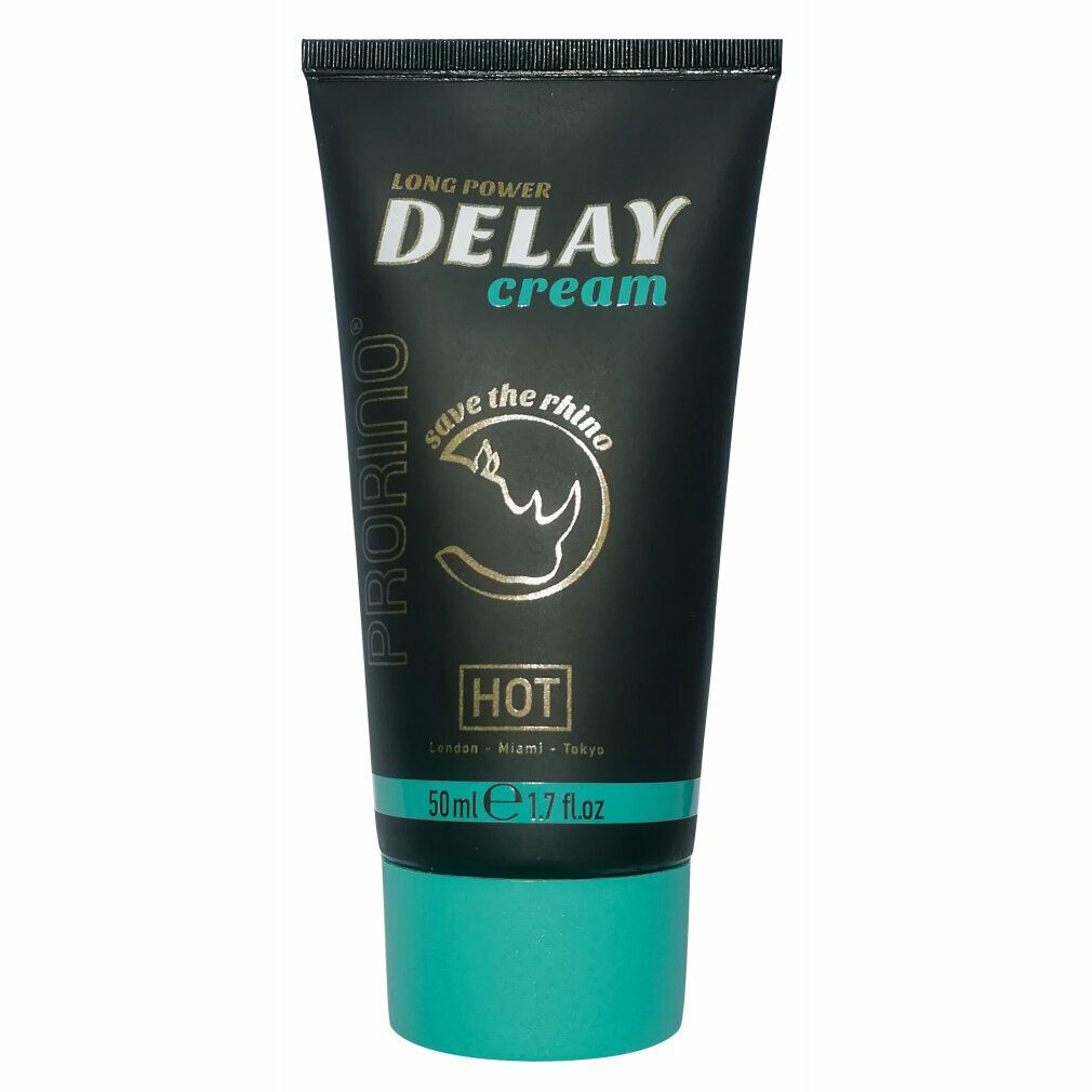 Tube mit türkisfarbenem Boden. Schwarzes Design mit Produktnamen und Logo. Aufschrift: DELAY cream.