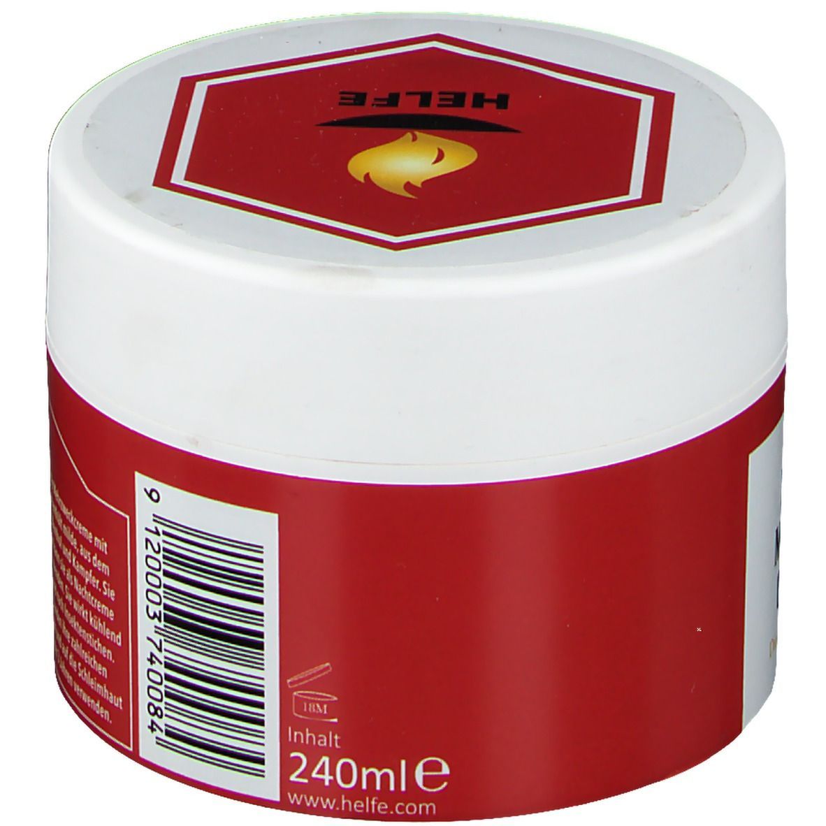 Runde Creme-Dose mit rotem Etikett und weißem Deckel. Auf dem Etikett steht HELFE MITIZYN CREME. Auf dem Deckel ein rotes Sechseck mit Flamme.