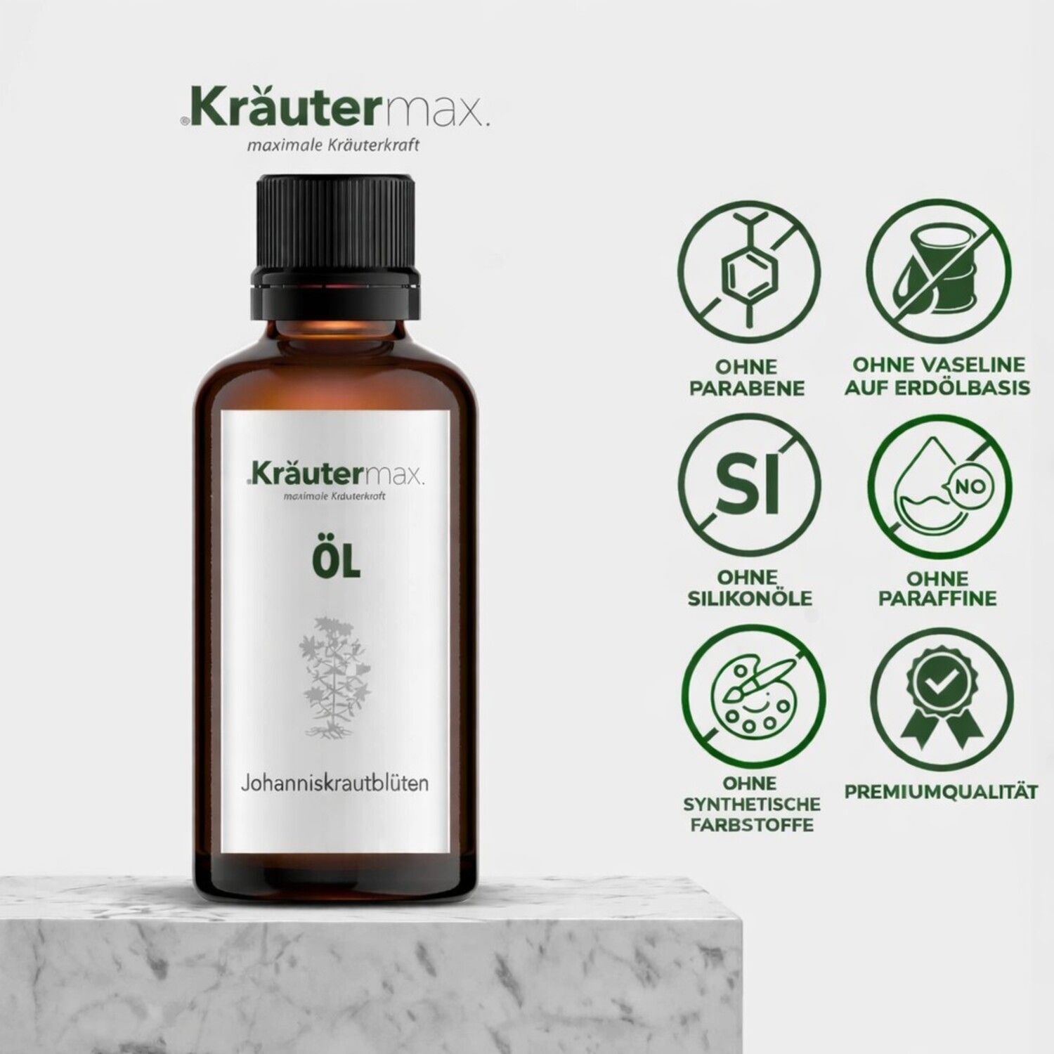 Braune Glasflasche mit schwarzem Deckel. Etikett mit Text. Logo Kräutermax. Produkt: Öl. Symbole: Ohne Parabene, Silikone, Vaseline, Paraffine, synthetische Farbstoffe.