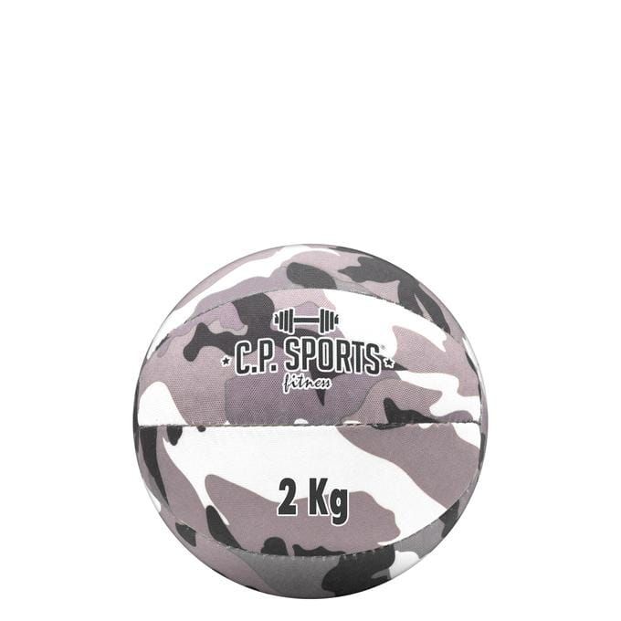 Medizinball mit Tarnmuster, 2 kg. C.P. Sports Logo. Graue, weiße und schwarze Farbtöne. Runde Form.