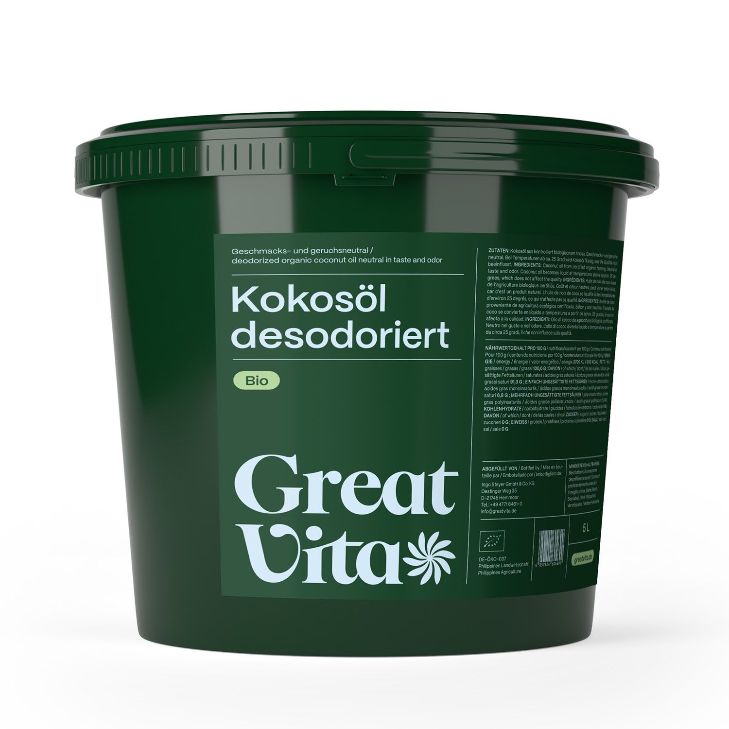 Grüner Eimer mit Deckel. Aufschrift: Kokosöl desodoriert, GreatVita. Bio-Siegel. 1L.