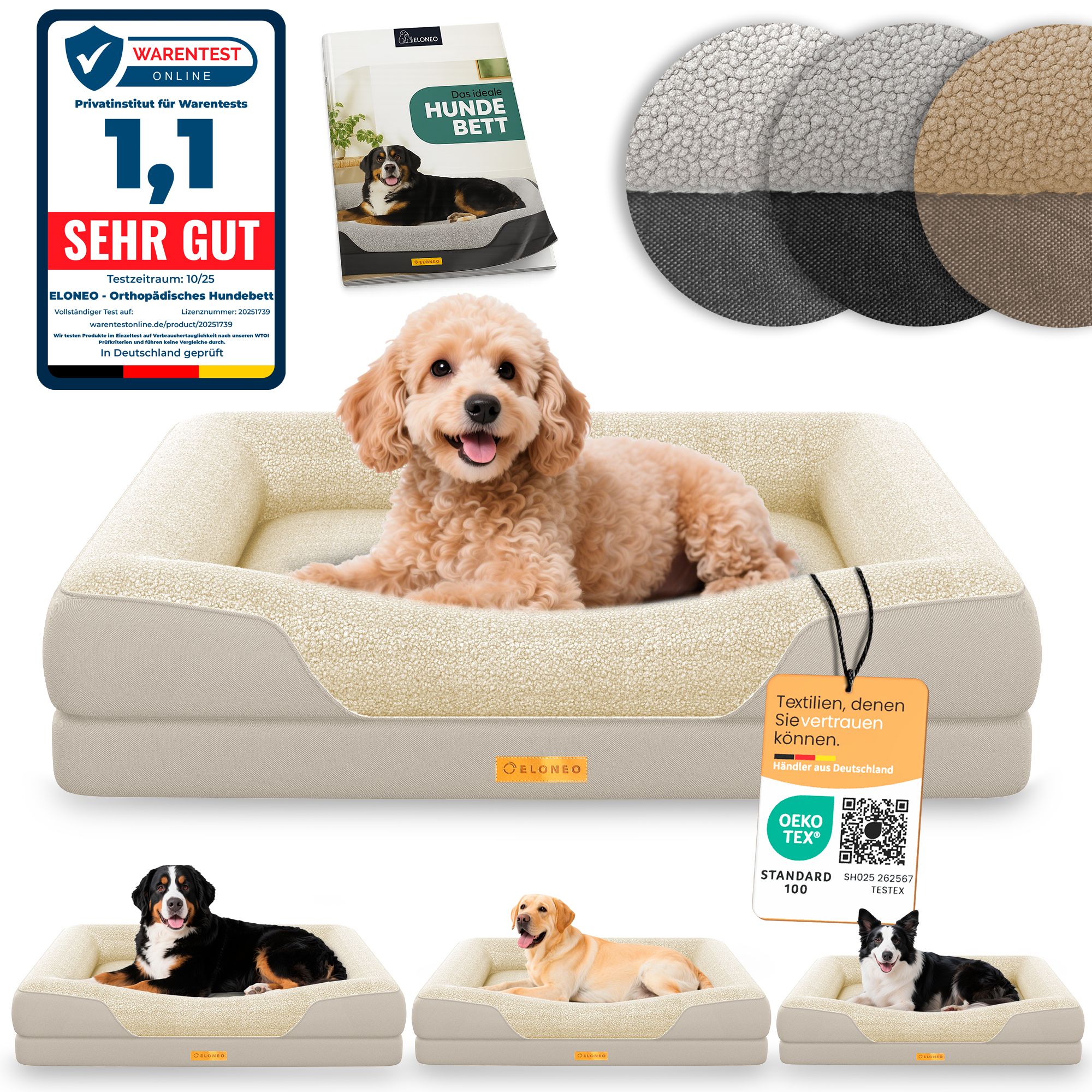 Hundebett mit Hund. Creme-farbenes Bett. Text: "Sehr gut". Zertifizierung. Zubehör: Kissen, Etikett.