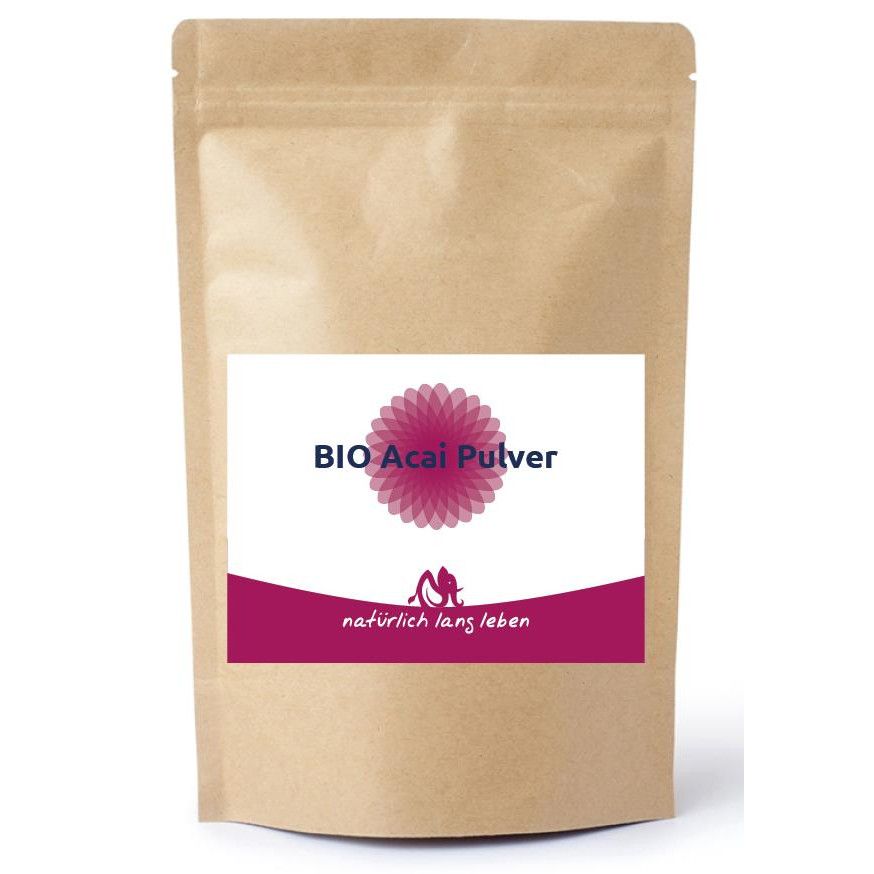 Beutel mit weißem Etikett. Aufschrift: BIO Acai Pulver, lila Blüte, darunter Text.