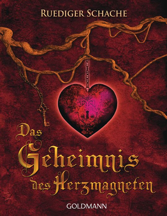 Buchcover mit Titel "Das Geheimnis des Herzmagneten". Ein Herz mit Schlüssel, goldene Schrift, Autorname Ruediger Schache, Verlag Goldman.