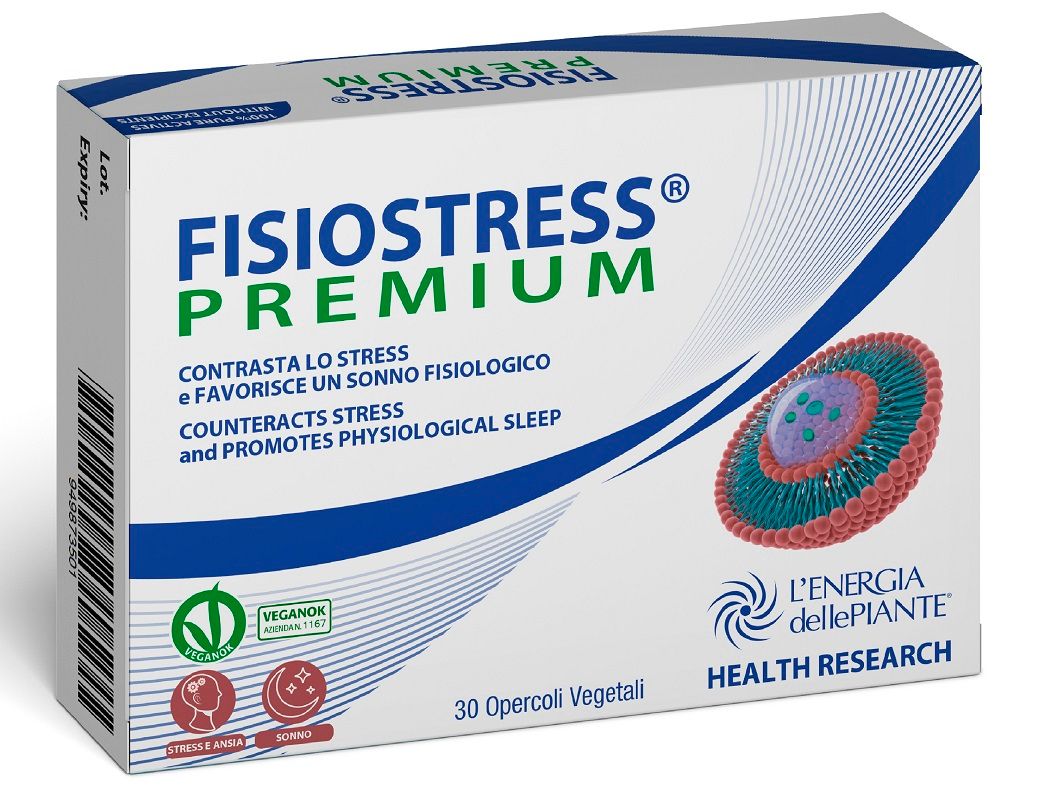 Scatola FISIOSTRESS PREMIUM. Contiene 30 opercoli vegetali. Testo: Contro lo stress, favorisce il sonno. Loghi: Vegan, ricerca salute.