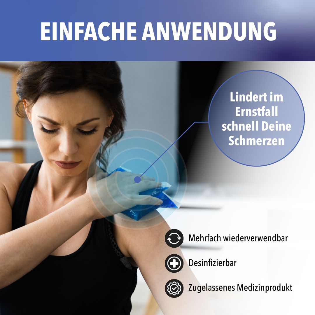 Frau hält Kaltkompresse an der Schulter. Text: Einfache Anwendung. Mehrfach wiederverwendbar, desinfizierbar, zugelassenes Medizinprodukt.