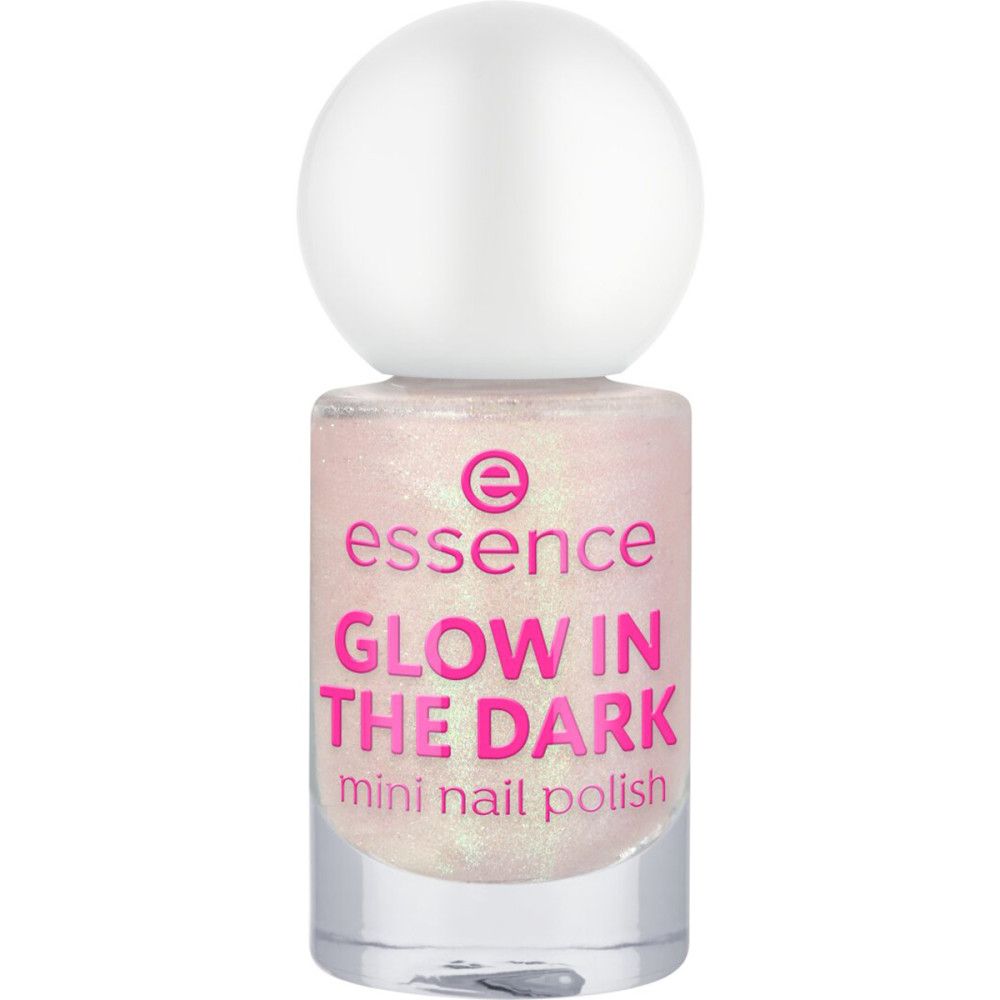 Mini-Nagellackflasche mit weißem Deckel. Rosa Etikett mit "essence" und "GLOW IN THE DARK".