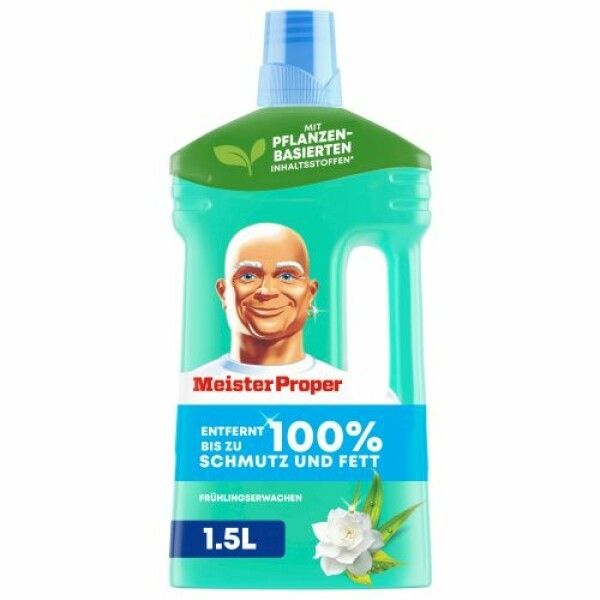 Grüne Flasche mit Mr. Proper-Logo. Text: ENTFERNT BIS ZU 100% SCHMUTZ UND FETT. 1,5L. Frühlingserwachen.