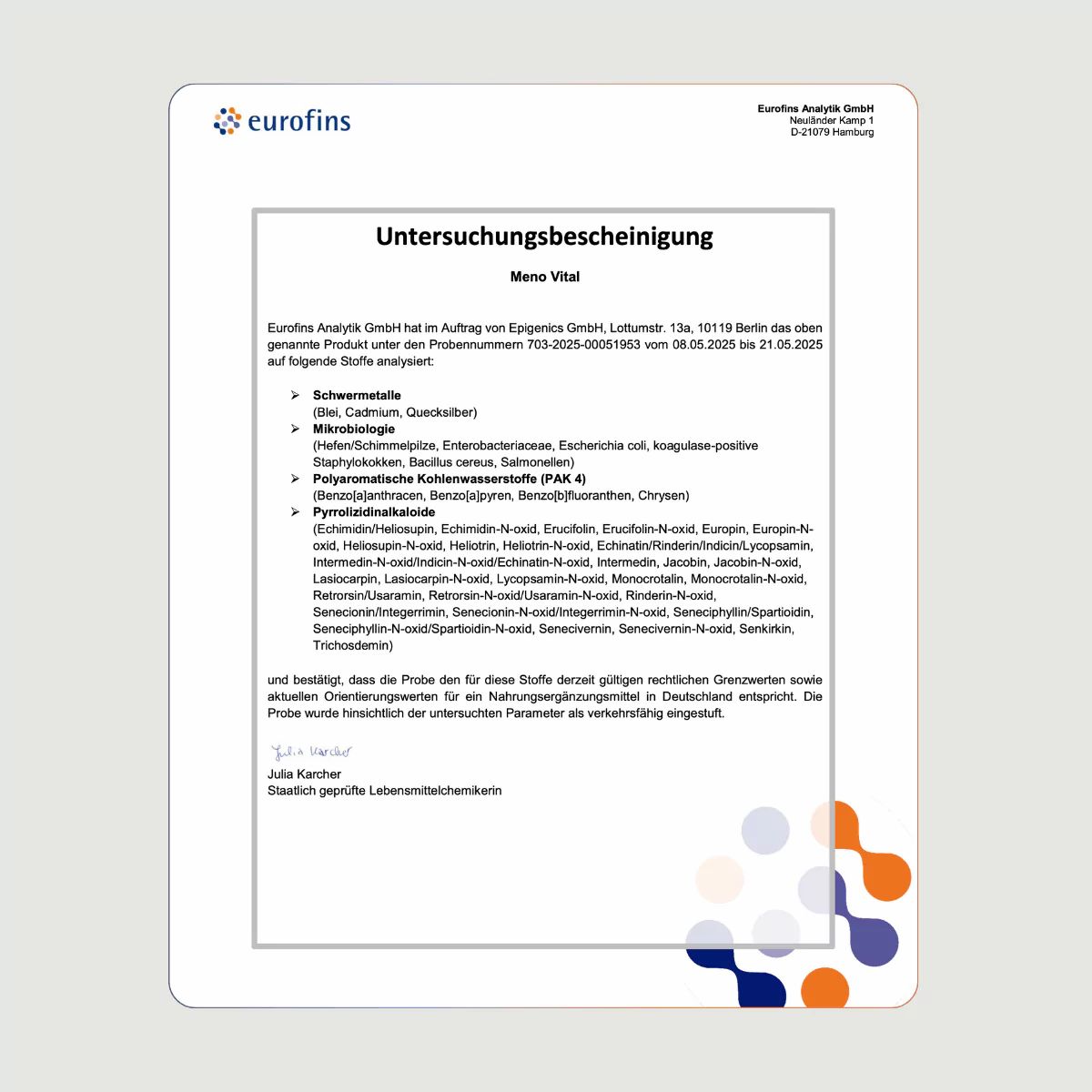 Untersuchungsbescheinigung von Eurofins. Analyse von Meno Vital auf Schwermetalle, Bakterien, PAK, etc.