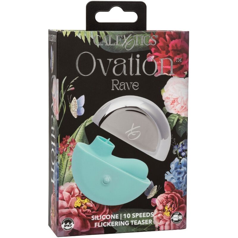 Produktverpackung. Calexotics Ovation Rave, türkis-silberfarbenes Gerät. Merkmale: 10 Geschwindigkeiten, Silikon, Speicherchip, wasserdicht, USB.