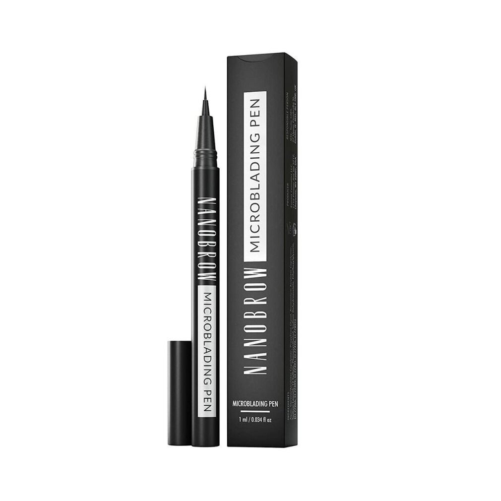 Schwarzer Stift "Nanobrow Microblading Pen" mit schwarzer Kappe. Schwarze Verpackung mit Produktnamen und -details.