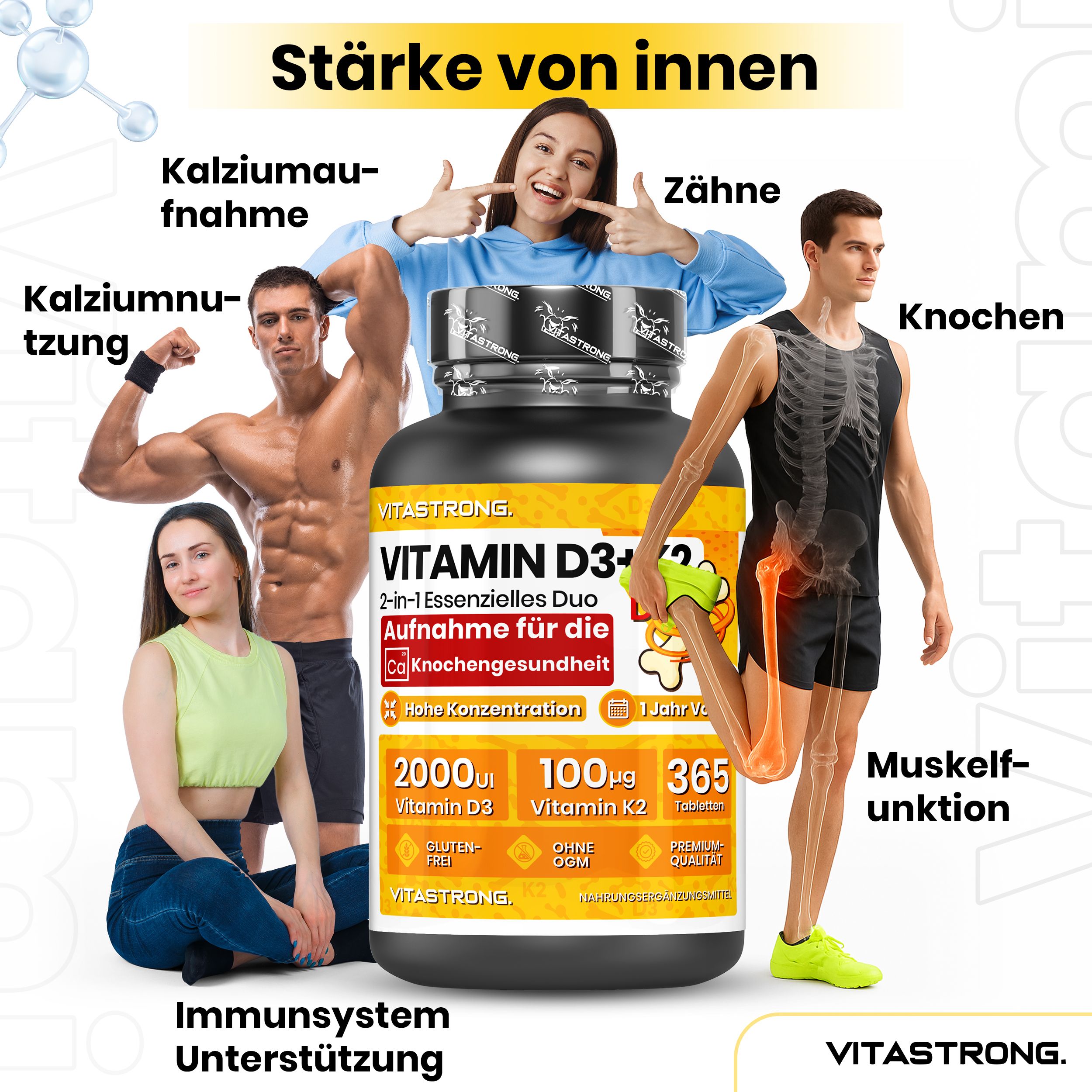 Gelber Hintergrund mit Menschen und Produkt. Vitastrong Vitamin D3+K2 Flasche. Text: Stärke von innen.