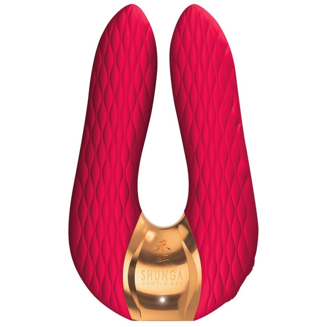 Doppelvibrator, rot mit goldfarbenem Element. Geprägte Oberfläche. Marke SHUNGA.