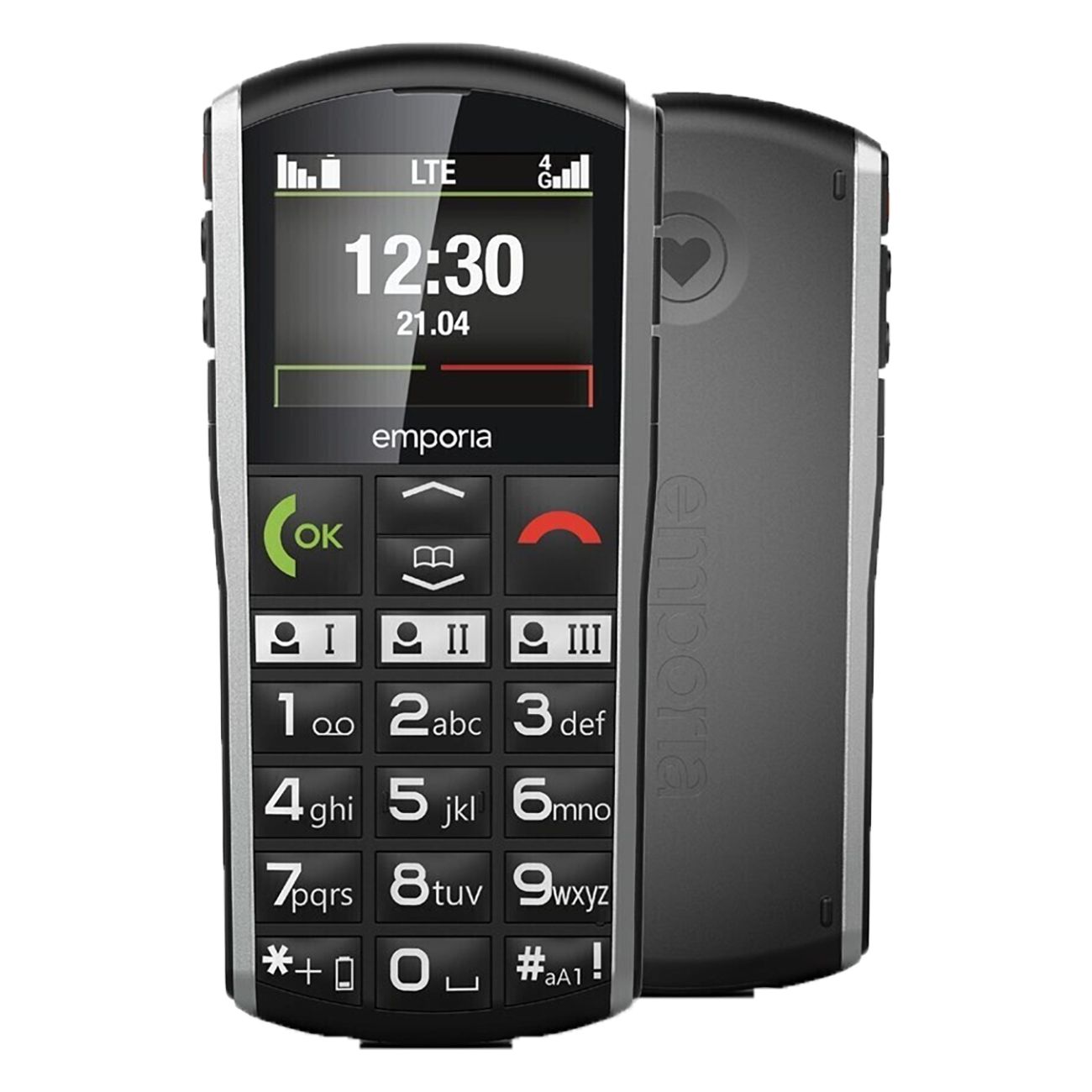 Das Emporia Simplicity LTE Senioren-Telefon wird von vorne gezeigt. Es hat ein schwarzes Gehäuse mit großen Tasten und einem Display, das die Uhrzeit und das Datum anzeigt. Das Telefon hat eine rote und grüne Anruftaste und das Emporia-Logo.