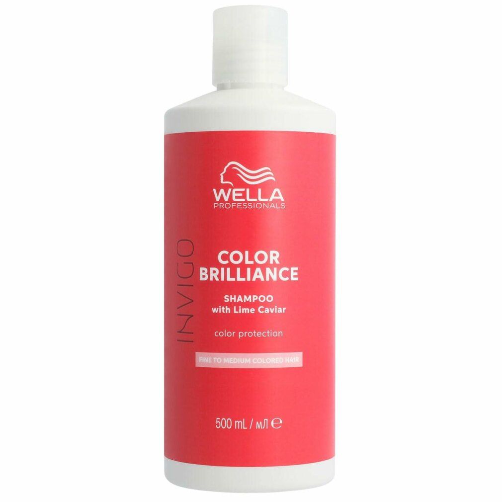 Rote Shampoo-Flasche mit weißem Deckel. Text: Color Brilliance Shampoo with Lime Caviar. 500 ml.