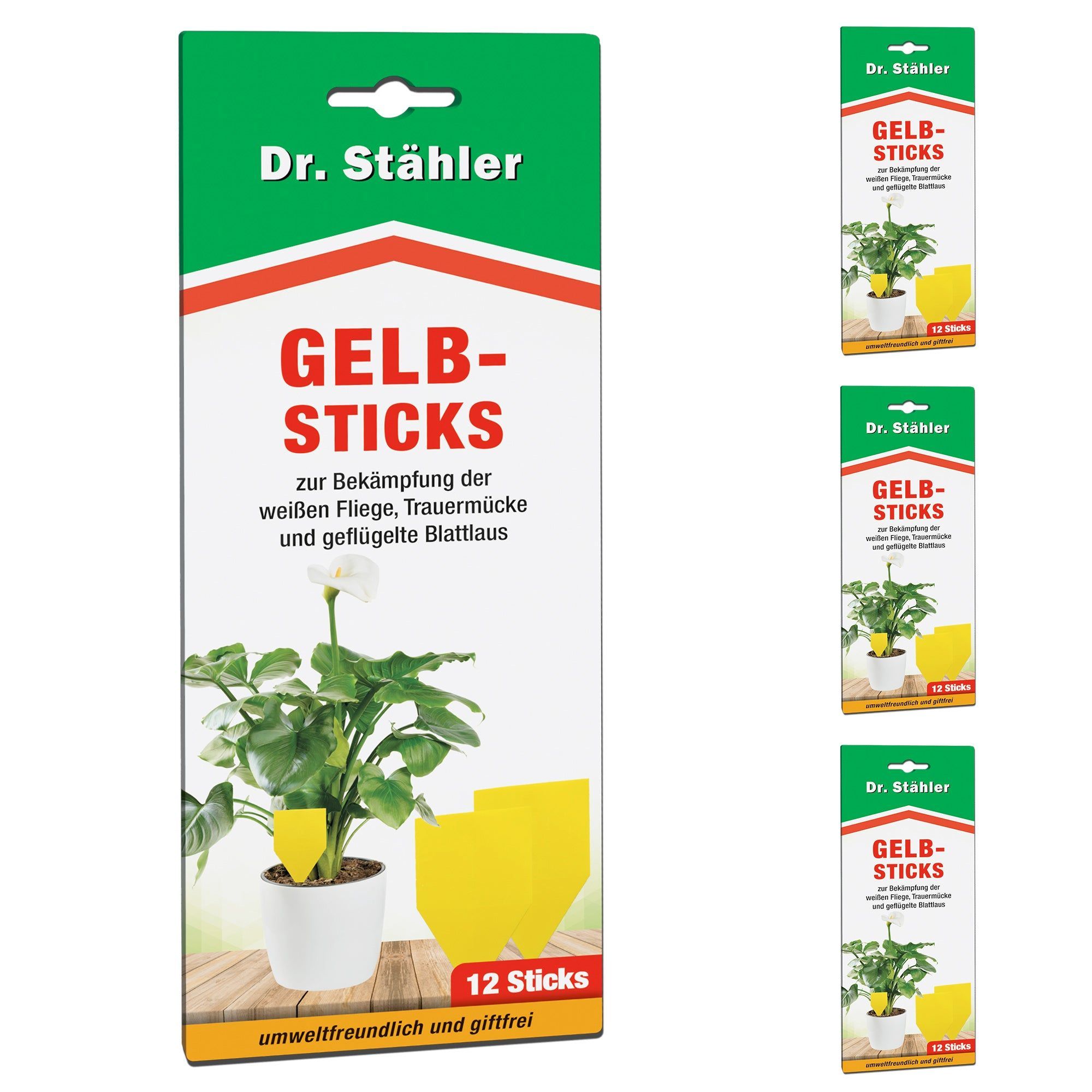 Verpackung mit 12 Dr. Stähler Gelb-Sticks zur Schädlingsbekämpfung bei Pflanzen.