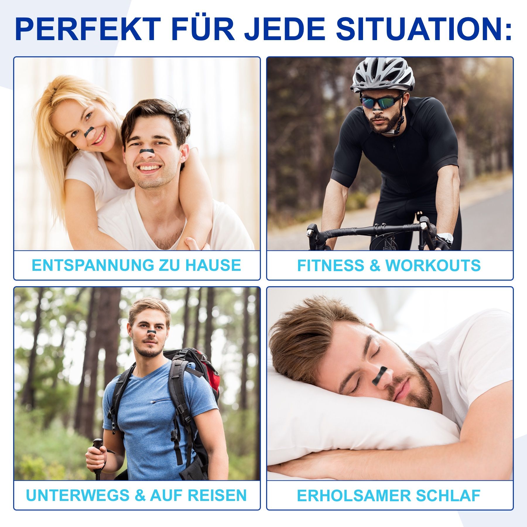 Immagini che mostrano situazioni con strisce nasali. Relax a casa, fitness, in viaggio, sonno ristoratore. Prodotto: Striscia nasale.