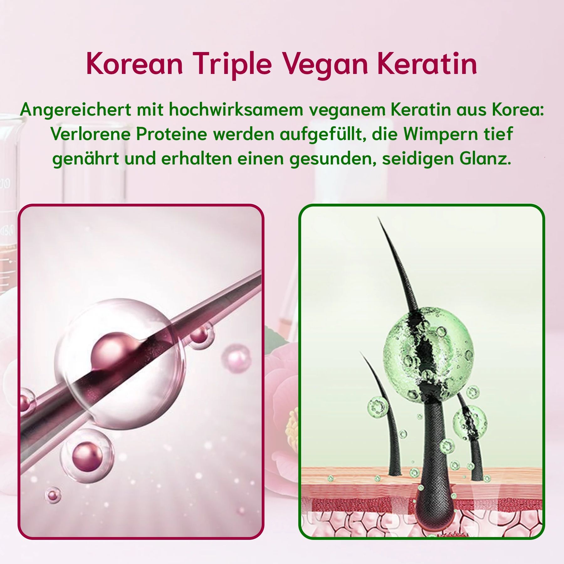 Zwei Abbildungen. Haare mit Keratin. Wimpern tief genährt und gesund.