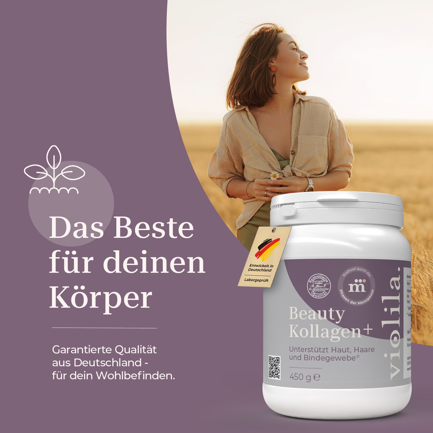 Weiße Dose mit lila Etikett, Aufschrift: Beauty Kollagen+, 450g. Label: Made in Germany. Marke: violila.