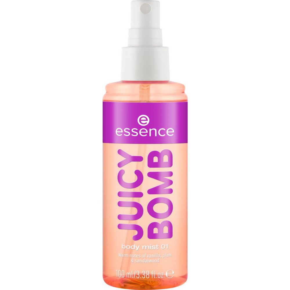 Körpernebel-Flasche mit lila und rosa Etikett. Aufschrift: Juicy Bomb, Essence. Sprühkopf.