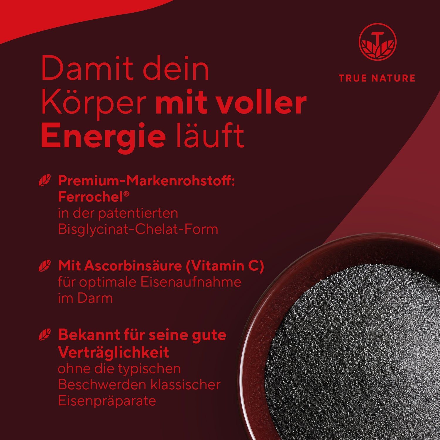 TRUE NATURE Eisen + Vitamin C: Ferrochel® Bisglycinat-Chelat-Form, Vitamin C für Aufnahme.