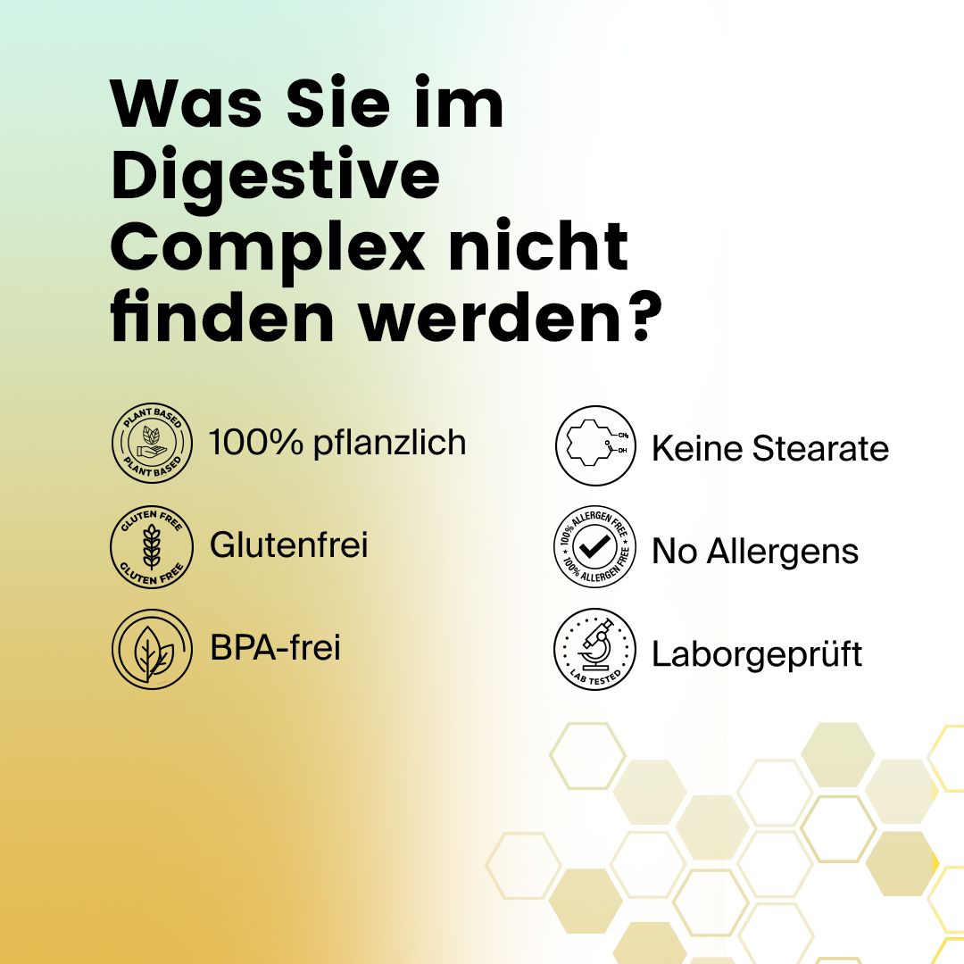 Text: Was Sie im Digestive Complex nicht finden werden? Symbole für pflanzlich, glutenfrei, BPA-frei, keine Stearate, keine Allergene, laborgeprüft.