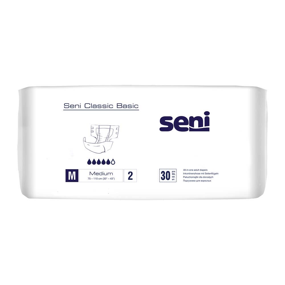 Verpackung Seni Classic Basic Inkontinenzhose. Weiß, mit Produktbezeichnung, Größe M, Saugstärke 2, 30 Stück. Marke Seni.