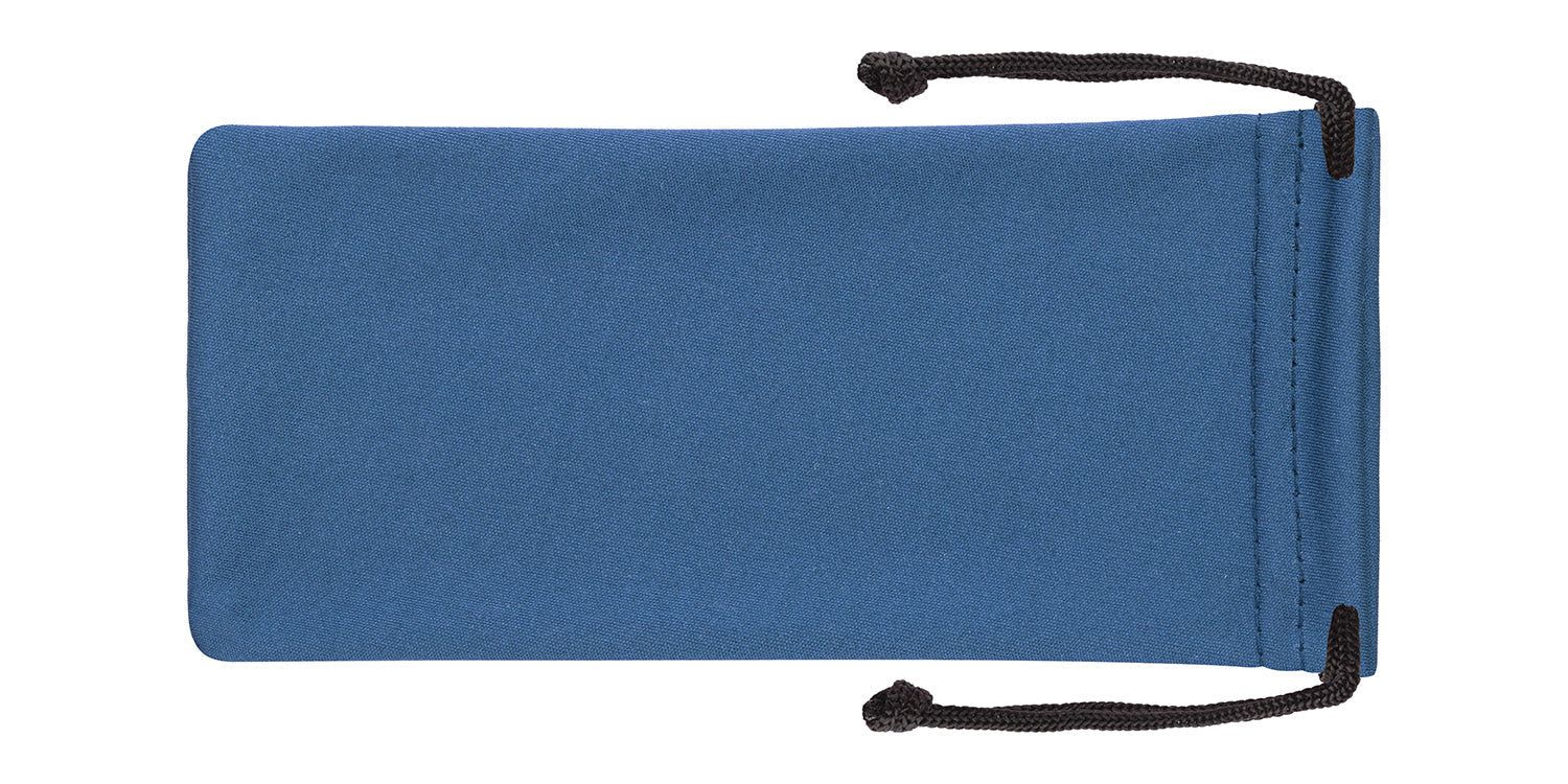 Blauer Mikrofaser-Beutel mit schwarzem Kordelzug. Rechteckige Form.
