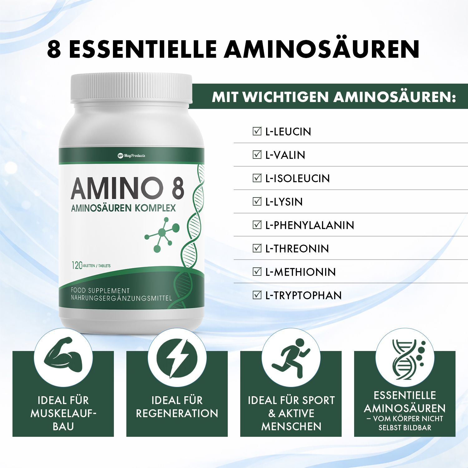 Weiße Flasche Amino 8. Text: 8 essentielle Aminosäuren. Auflistung der Aminosäuren. Icons: Muskelaufbau, Regeneration, Sport, essentielle Aminosäuren.