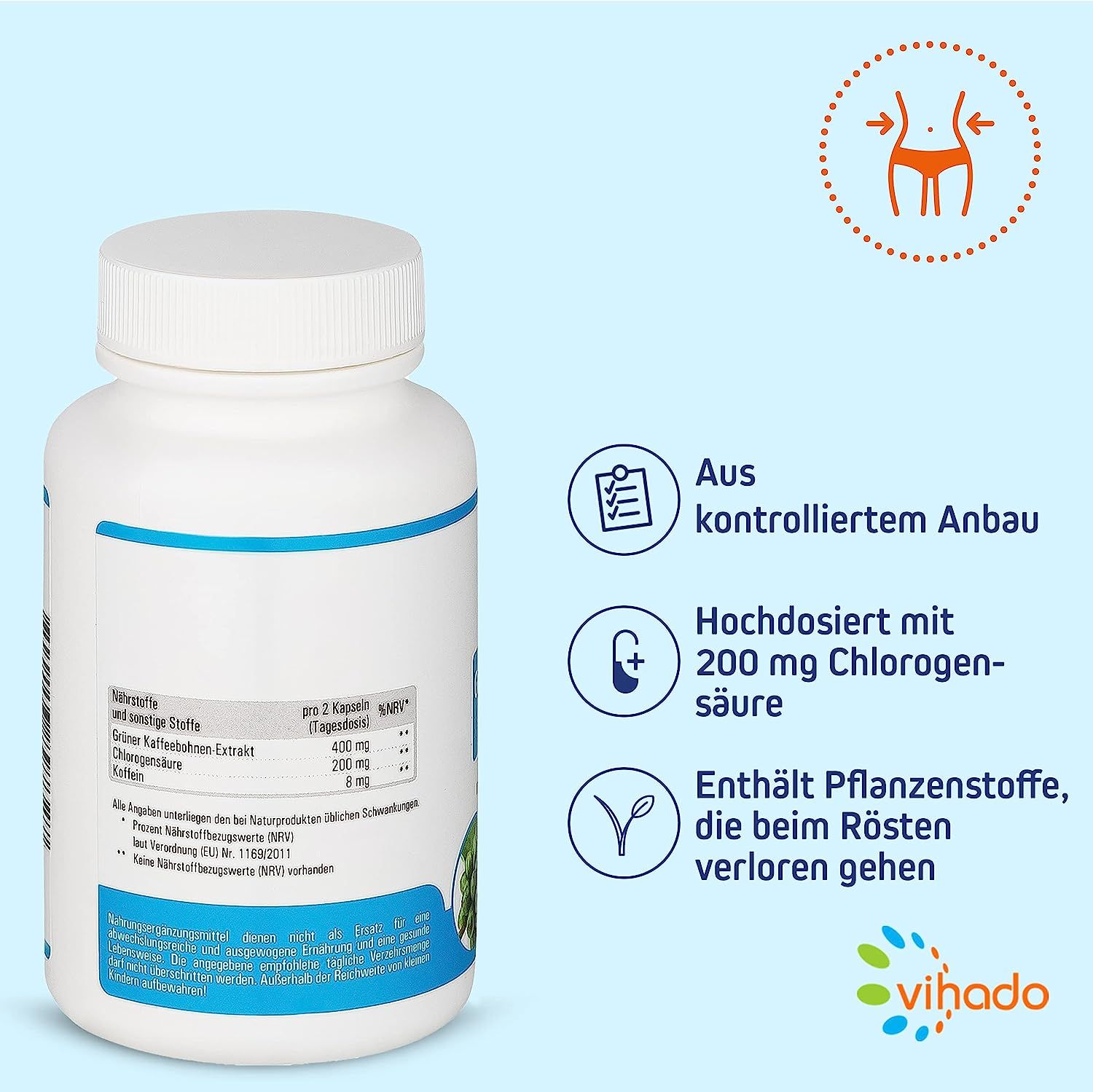 Weiße Flasche mit blauen Streifen. Aufschrift: Aus kontrolliertem Anbau, hochdosiert mit 200 mg Chlorogensäure. Logo: Vihado.