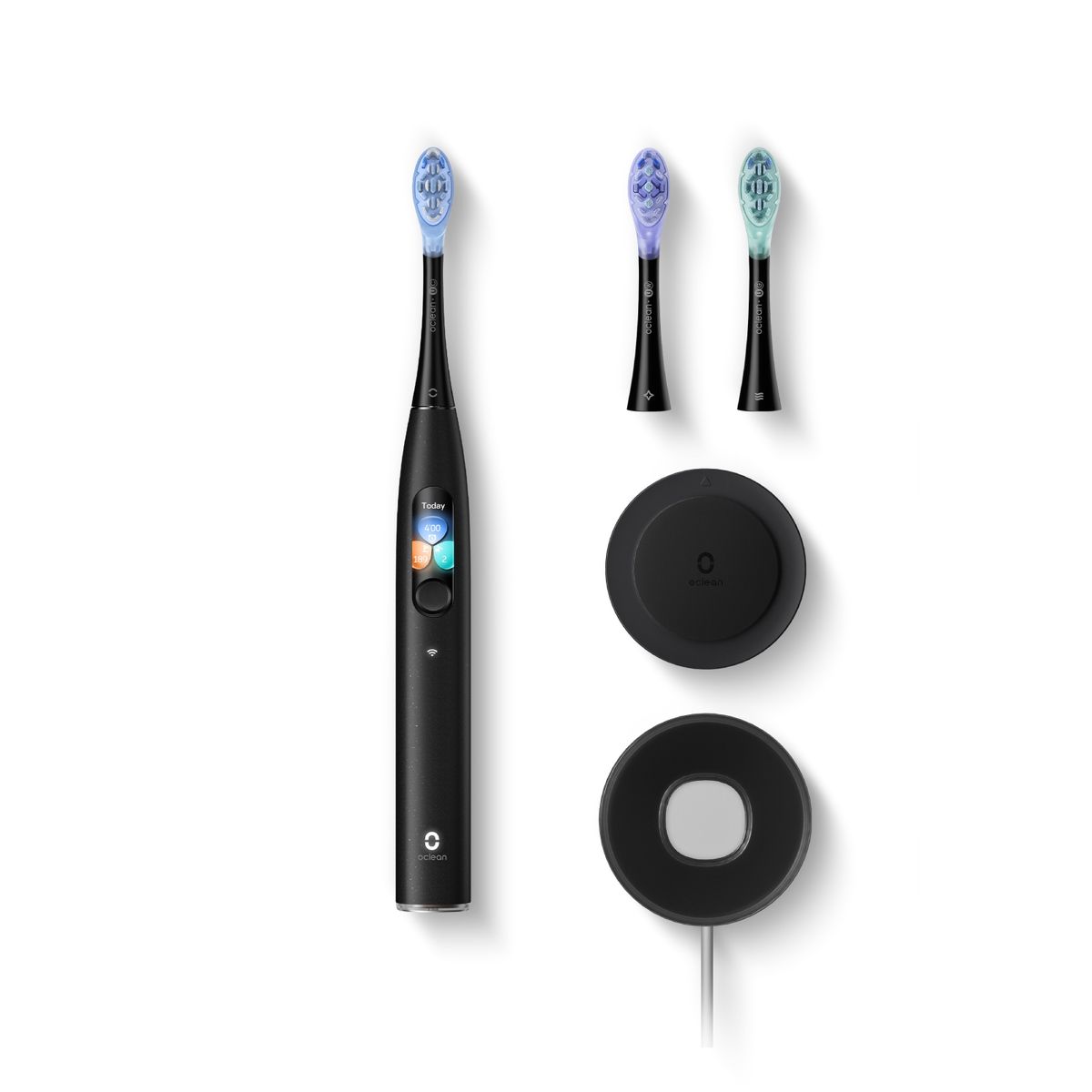 Schwarze elektrische Zahnbürste mit zwei Bürstenköpfen und Ladestationen. Oclean X Ultra.