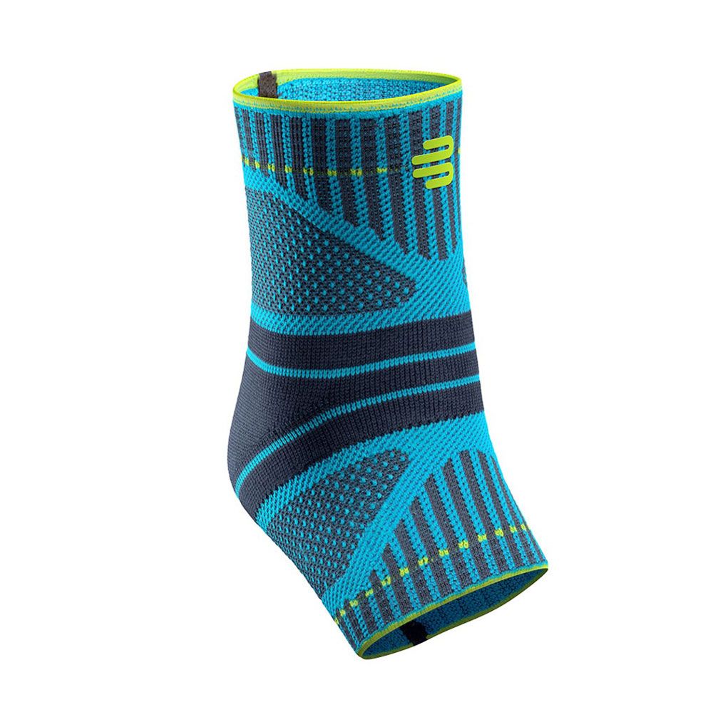 Blau-schwarze Sport-Ankelbandage mit gelben Akzenten und geometrischen Mustern.