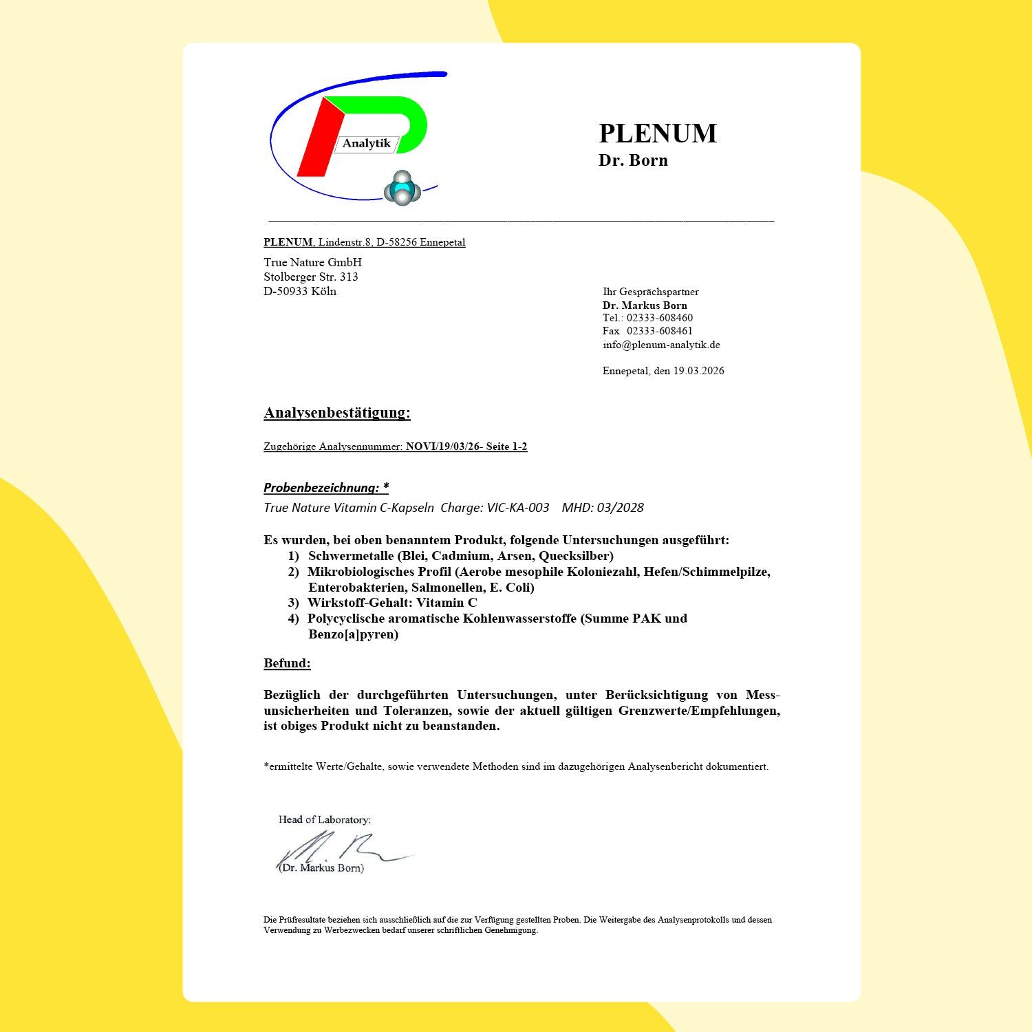 Laborzertifikat von Plenum Dr. Born. Analysebestätigung für True Nature Vitamin C Kapseln. Unterschriften und Stempel.