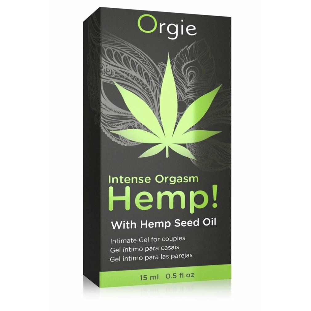 Schwarze Verpackung mit grünem Logo und Text: Orgie, Intense Orgasm Hemp!, Hanfblatt-Symbol. Gel intimo para casais. 15 ml.