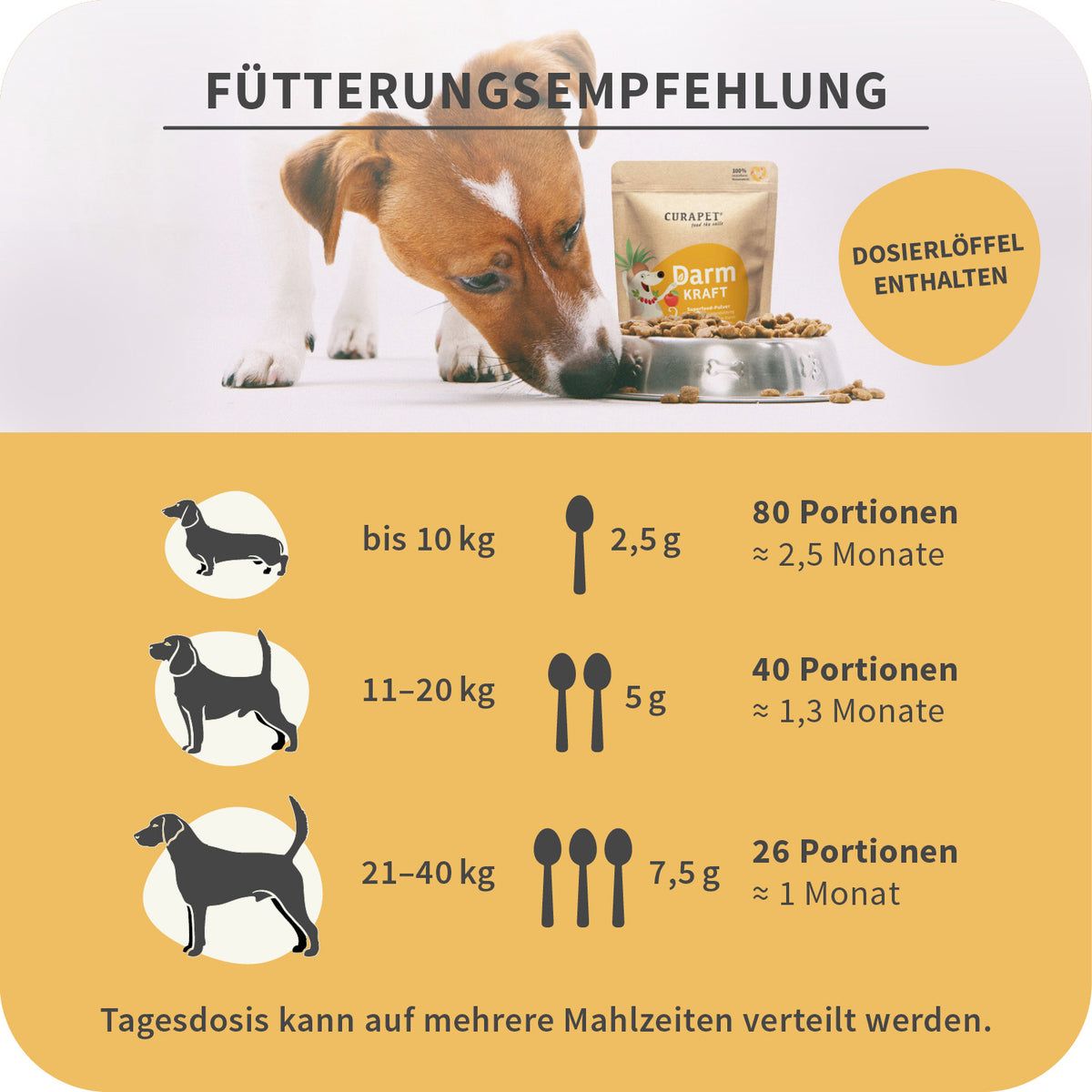 Hund isst aus Napf. Text: Fütterungsempfehlung. Dosierung nach Gewicht: bis 10 kg, 11-20 kg, 21-40 kg. Dosierlöffel enthalten.