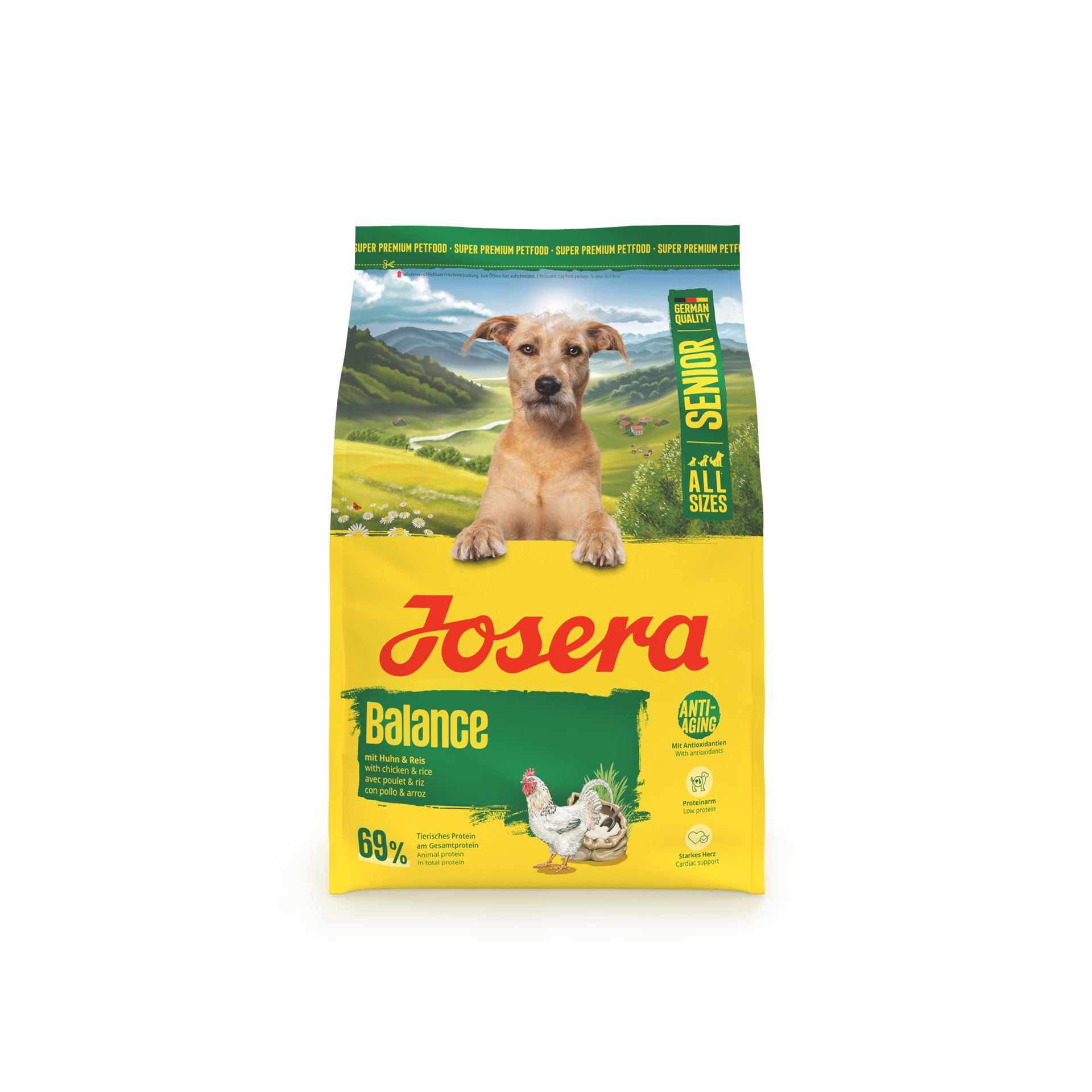 Josera Balance Senior Hundefutter-Sack mit einem Welpenbild und Informationen zu Anti-Aging und Protein.