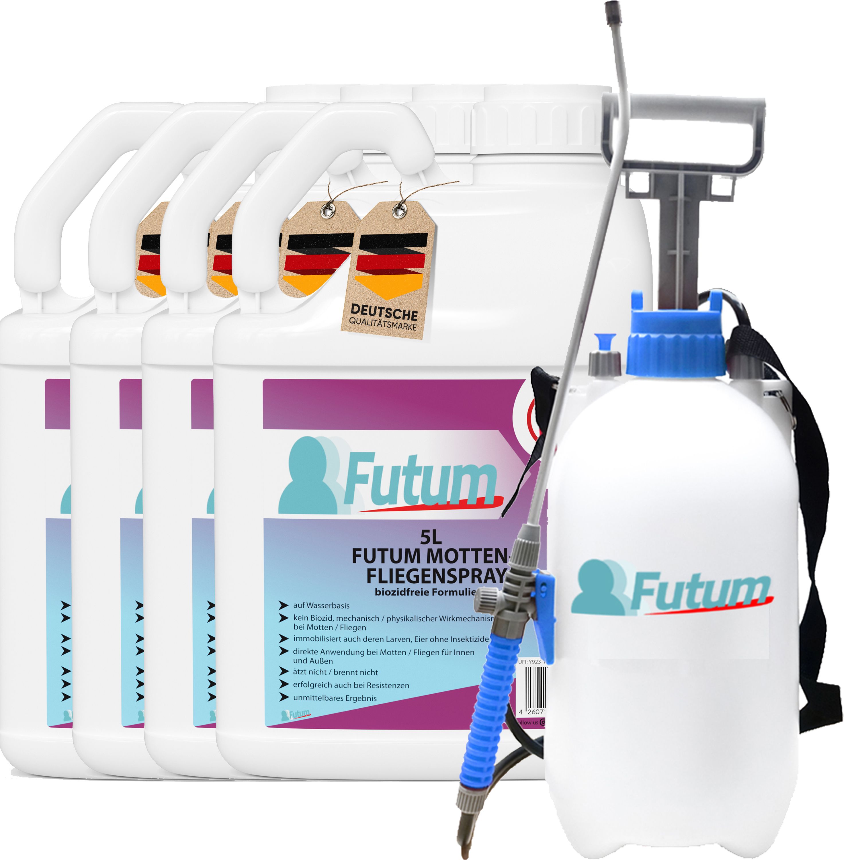 Mehrere weiße Behälter mit Text: FUTUM 5L Motten-/Fliegenspray. Sprühgerät und deutsche Qualitätsmarke. Enthält Produktinformationen.