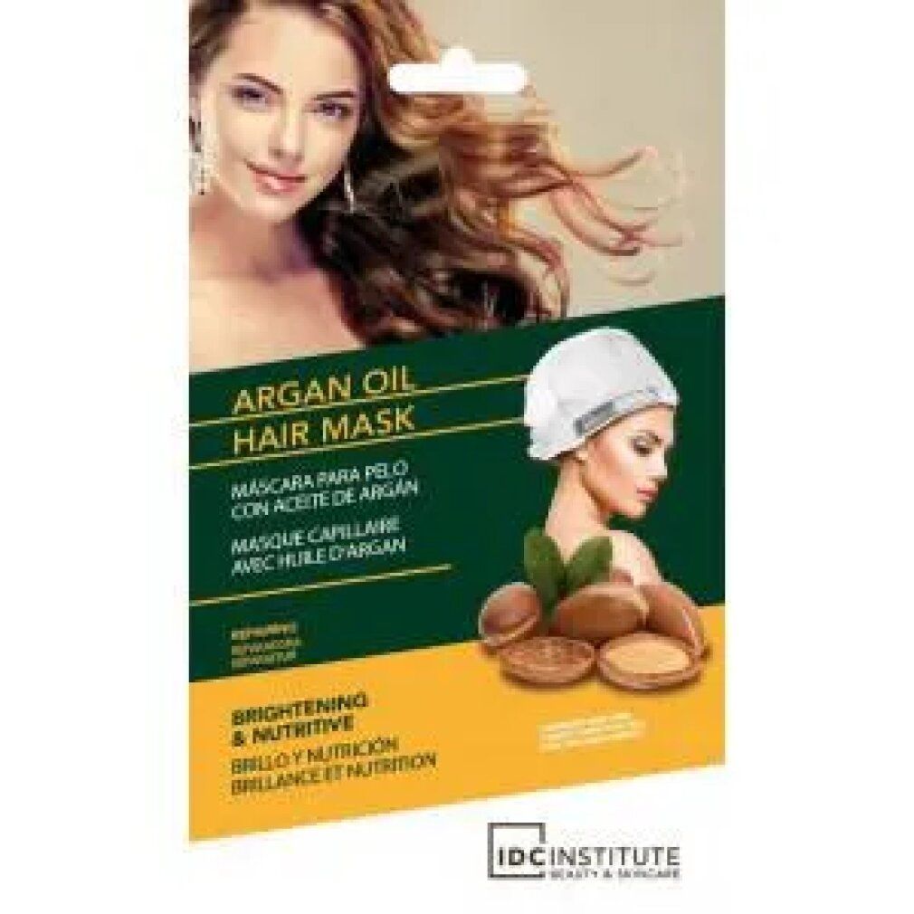 Haarmasken-Verpackung mit Frau, Arganöl-Illustrationen und Text. Marke: IDC Institute.