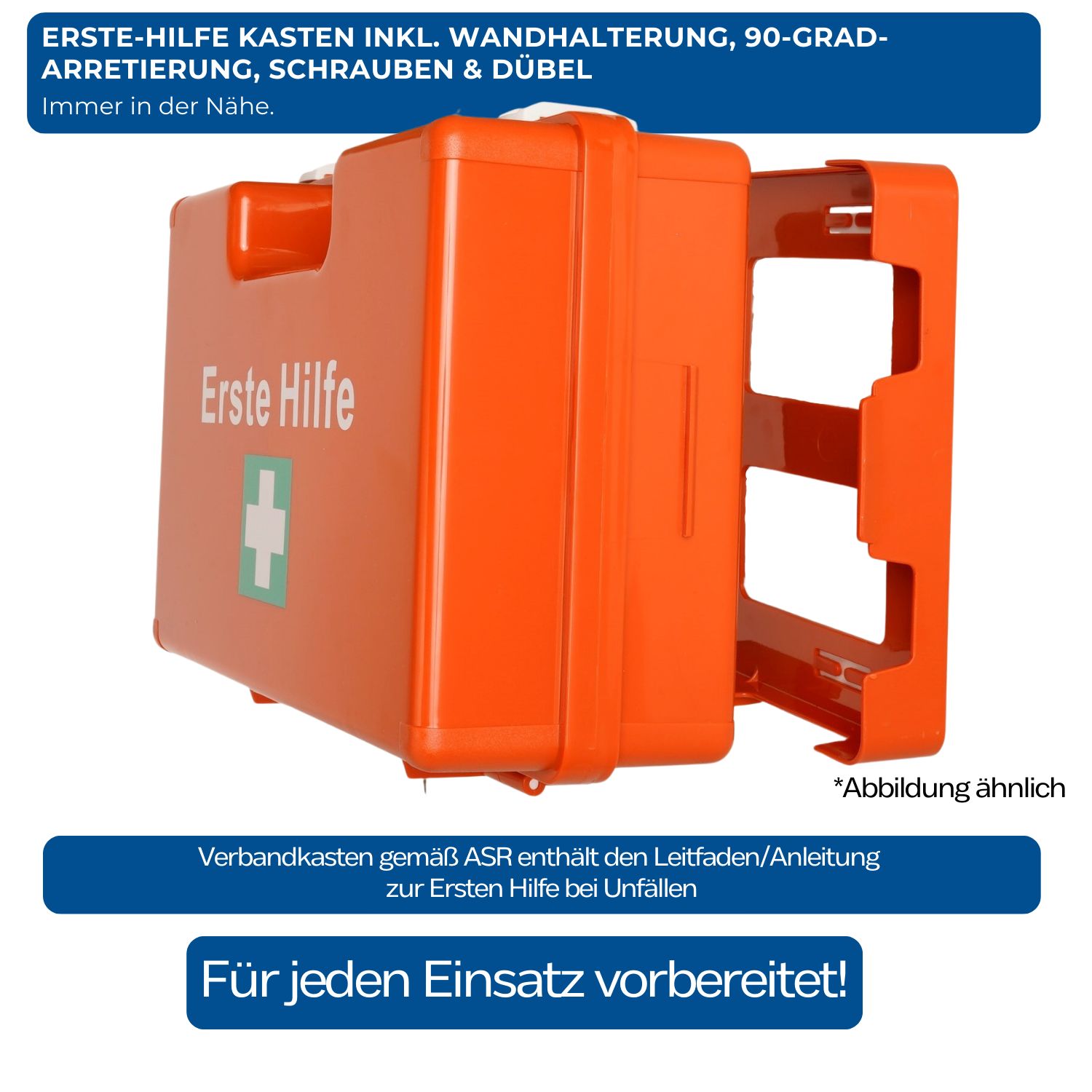 Orangefarbener Erste-Hilfe-Kasten mit Wandhalterung. Aufschrift: "Erste Hilfe" und grünes Kreuz.