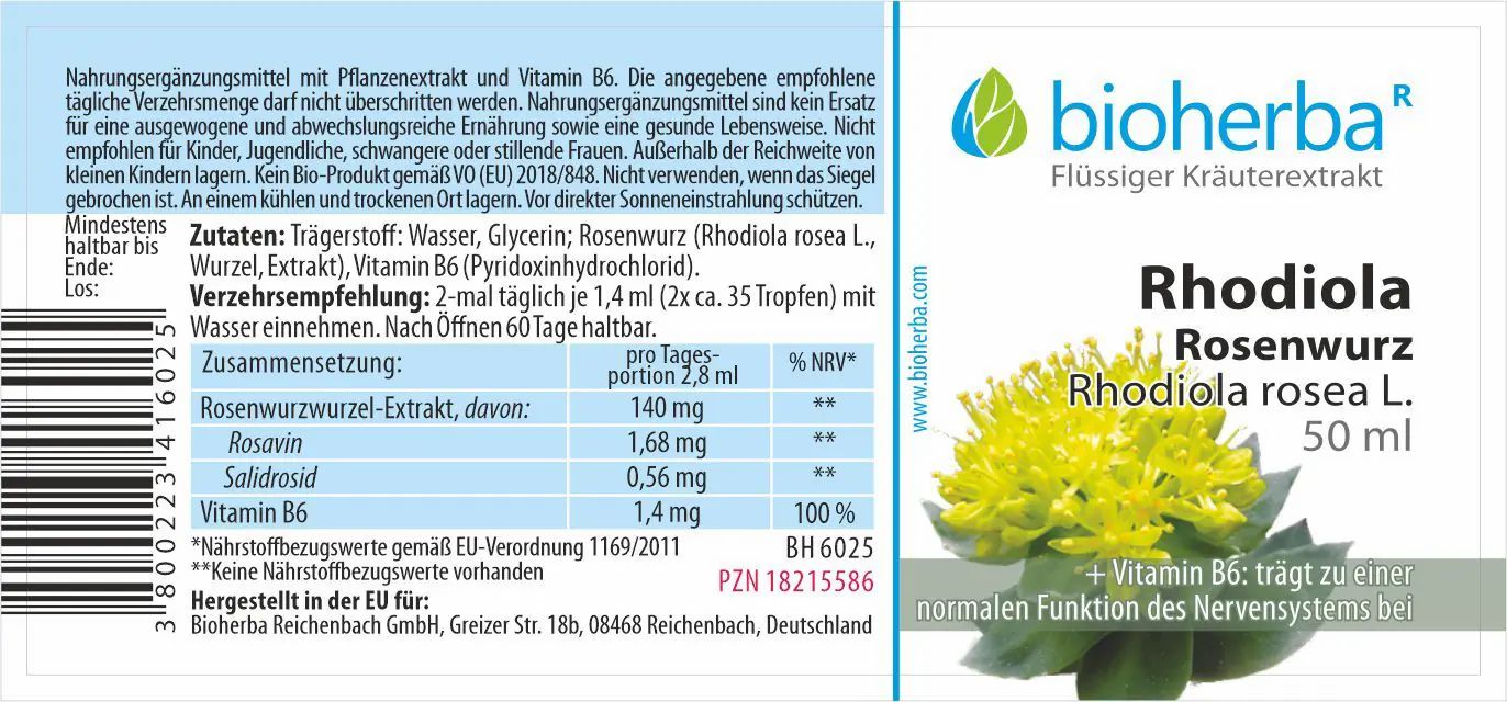 Etikett mit Produktinformationen und Logo. Enthält Inhaltsstoffe, Dosierung und Herstellerangaben. Text in deutscher Sprache.