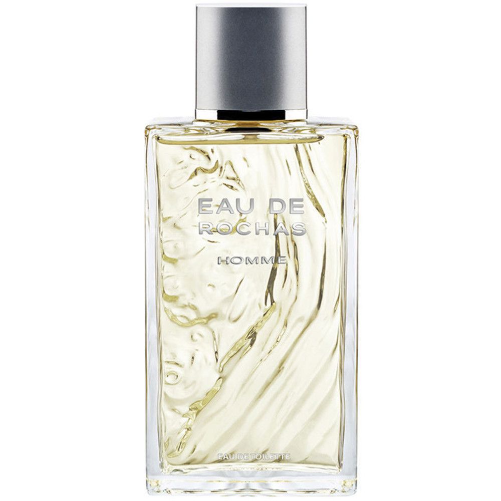 Eau de Rochas Homme Eau de Toilette Spray. Rechteckiger Glasflakon mit silbernem Deckel. Logo und Schriftzug auf dem Flakon.