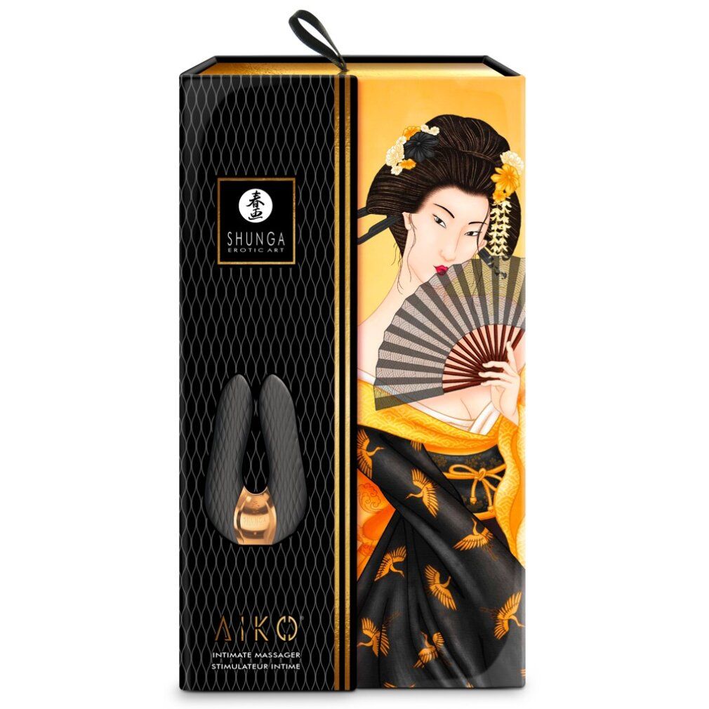 Verpackung mit Intim-Massagegerät. Schwarzes Gerät mit goldenen Akzenten. Marke: Shunga.