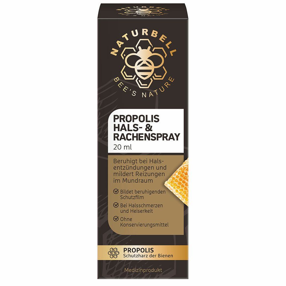 Kartonverpackung mit Produktbezeichnung PROPOLIS HALS- & RACHENSPRAY. Logo: Biene. Text: 20 ml. Aufschrift: Beruhigt bei Halsentzündungen.