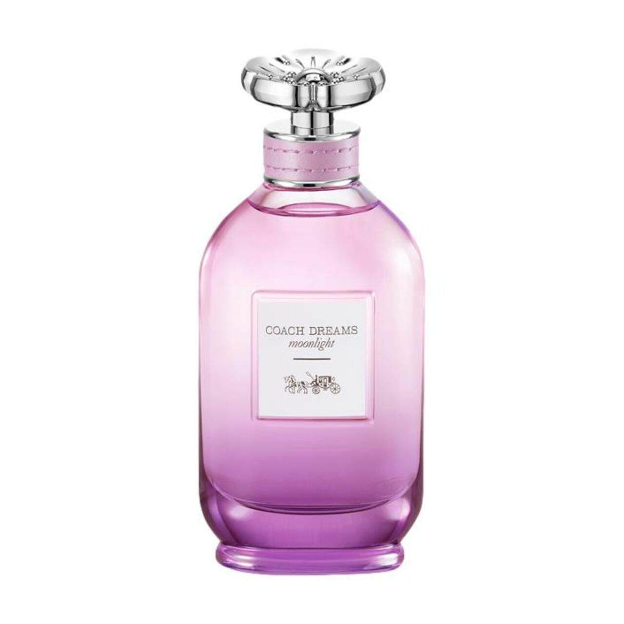 Parfümflasche mit rosa-lila Farbverlauf, silbernem Deckel. Auf der Flasche steht "COACH DREAMS moonlight" und das Logo.