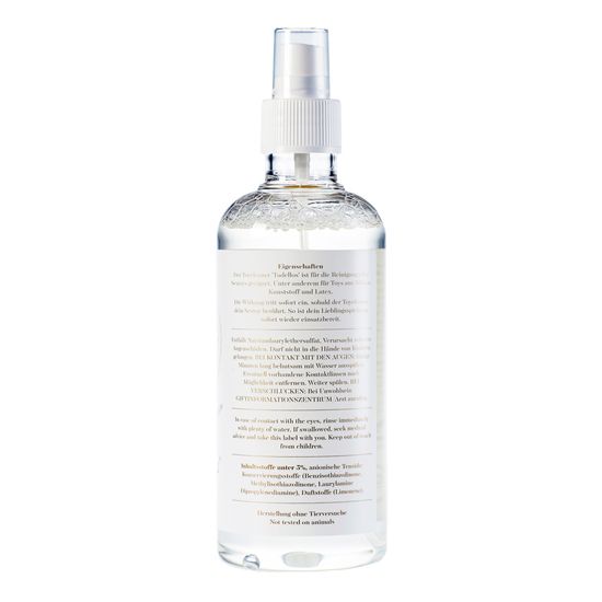 Rückseite der Flasche. Text in deutscher Sprache. Inhaltsstoffe, Warnhinweise. Herstellerinformationen.