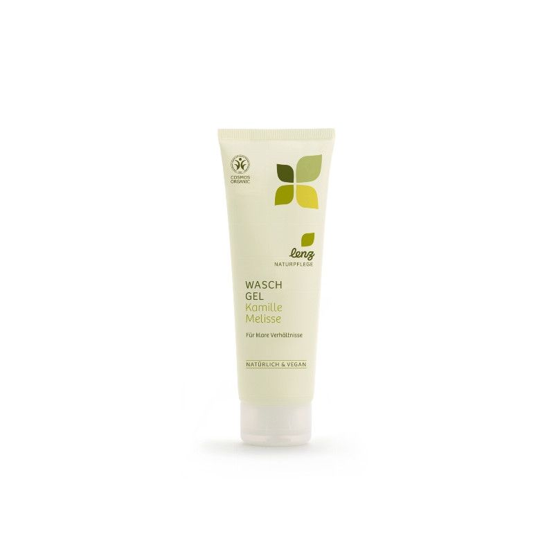 Tubo color crema con logo verde e scritta. Scritta: Wasch Gel Kamille Melisse. Certificazione cosmetica naturale.