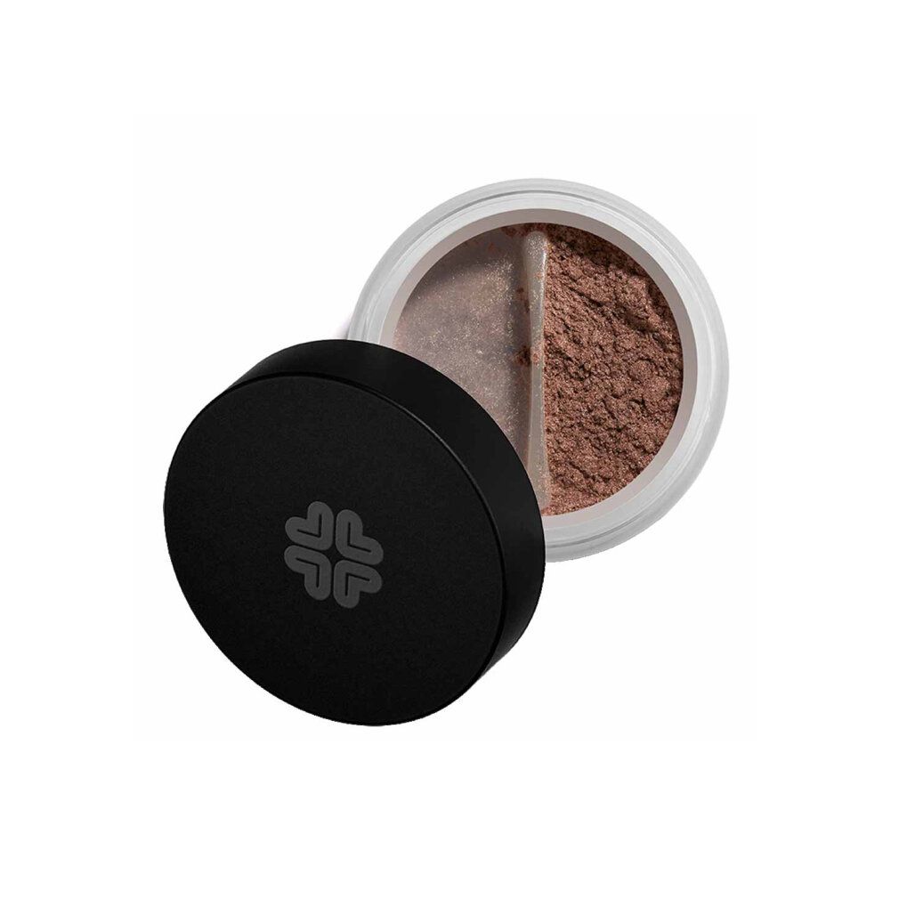 Mineral-Lidschatten in Dose. Zwei Farbtöne, hell und braun. Schwarzer Deckel mit Logo. Dose geöffnet.