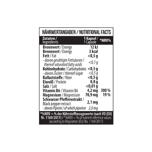 Nährwertangaben auf weißem Hintergrund. Auflistung von Inhaltsstoffen und Nährwerten pro Kapsel, einschließlich Energie, Fett, Kohlenhydrate, etc.