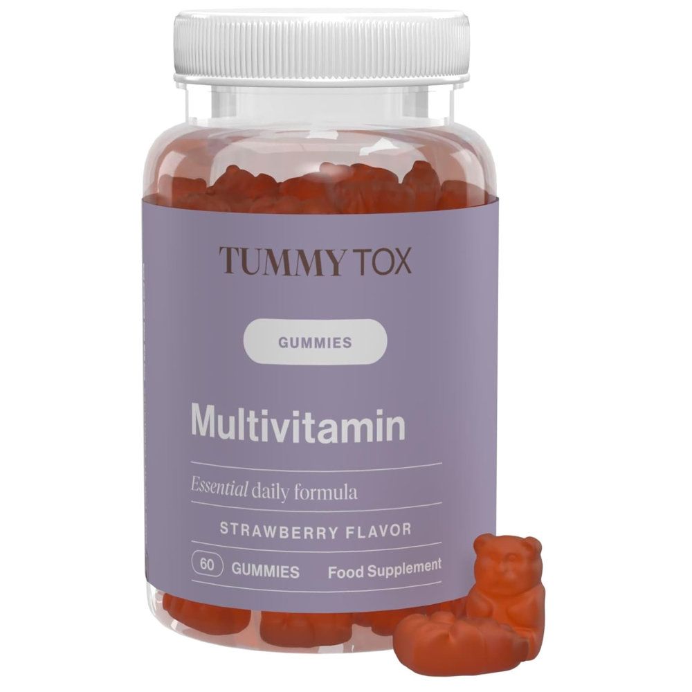 Klare Flasche mit lila Etikett. Aufschrift: TummyTox, Multivitamin, Gummibärchen. Erdbeergeschmack. 60 Stück. Ein Gummibärchen liegt daneben.